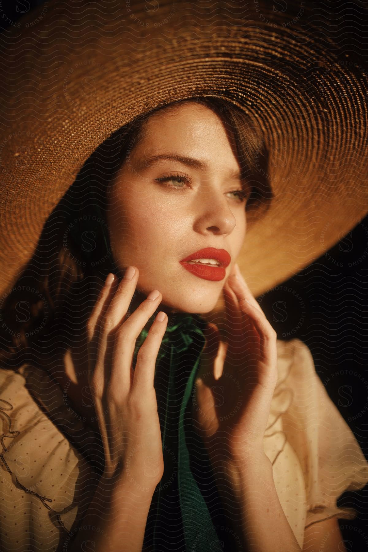 Woman wearing a sunhat and red lipstick holds her fingers on her face