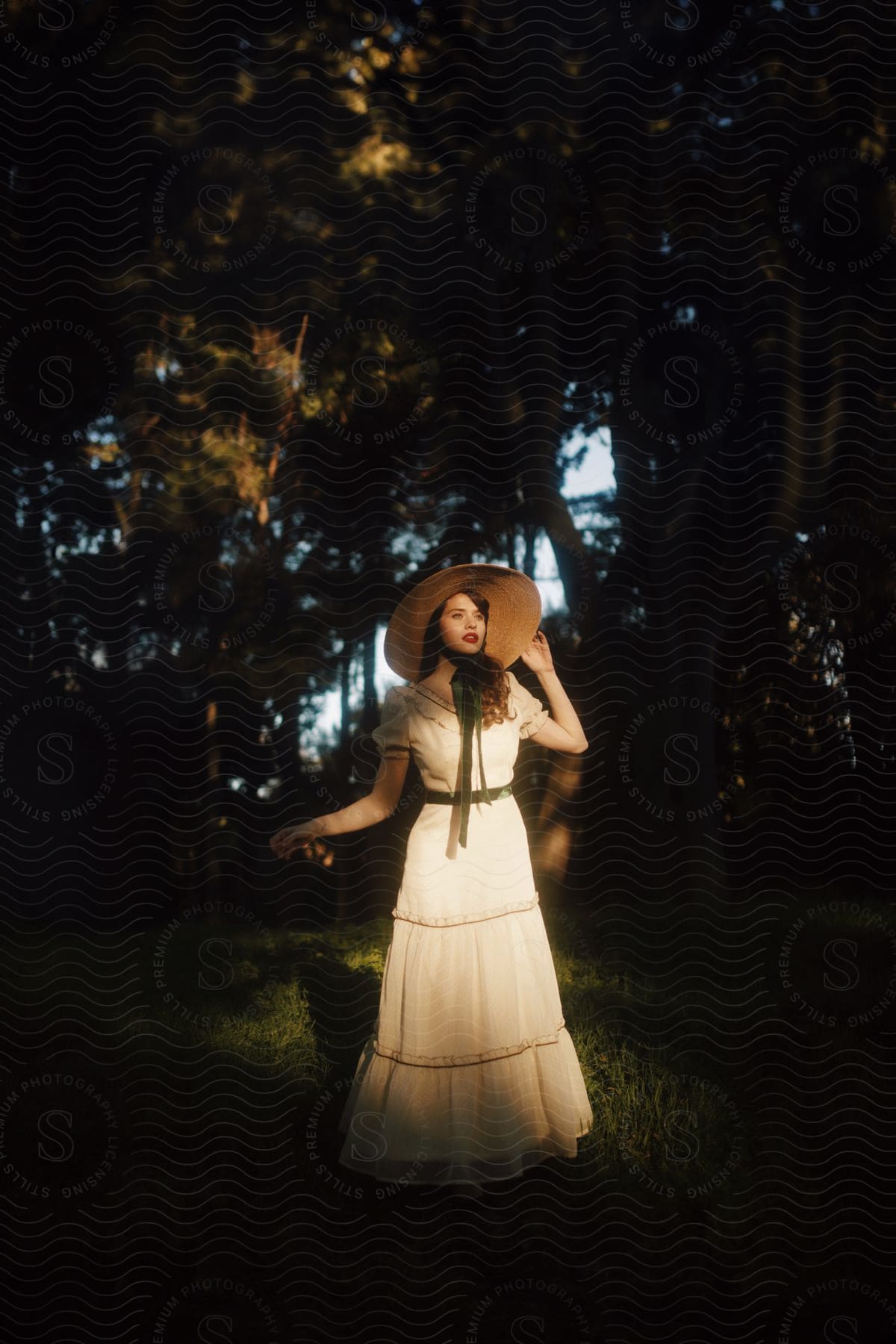 Woman in a long white dress and a sun hat walking in a garden with trees around her and the sun's reflections on her.