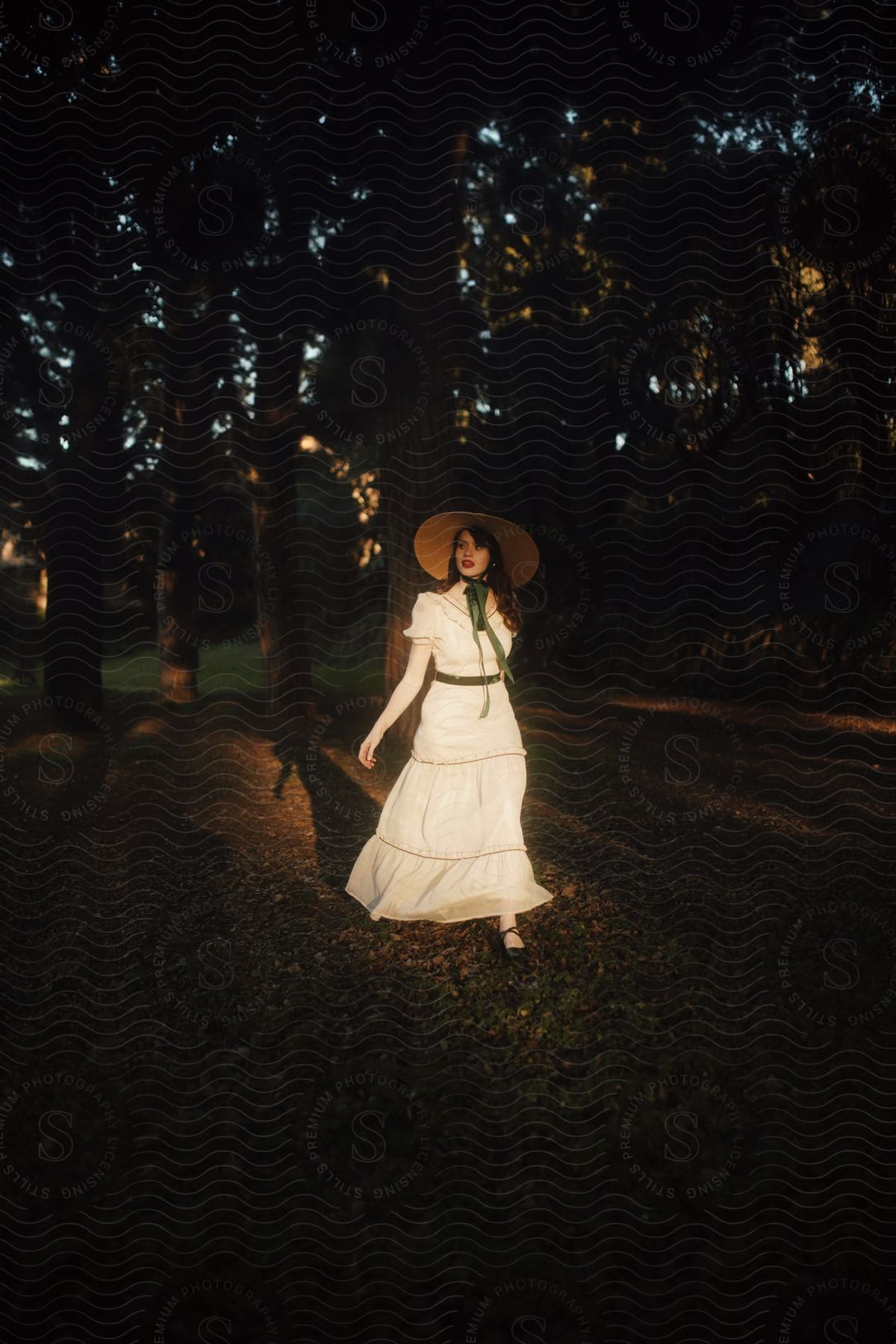 Young man and woman modeling with a sun hat and a long white dress in the middle of nature with trees around and the sun's reflection on her