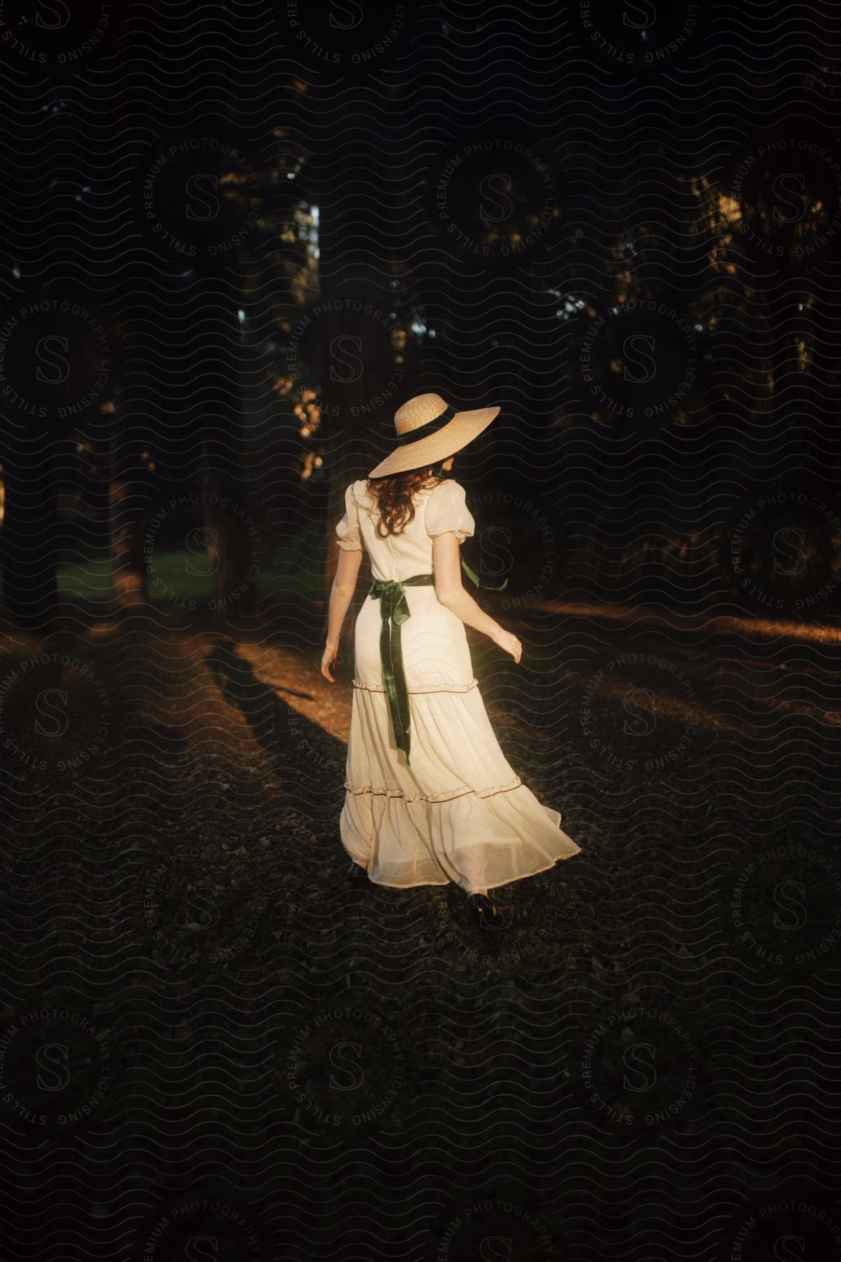 Model woman wearing a sun hat and a long white dress in a field with trees around her