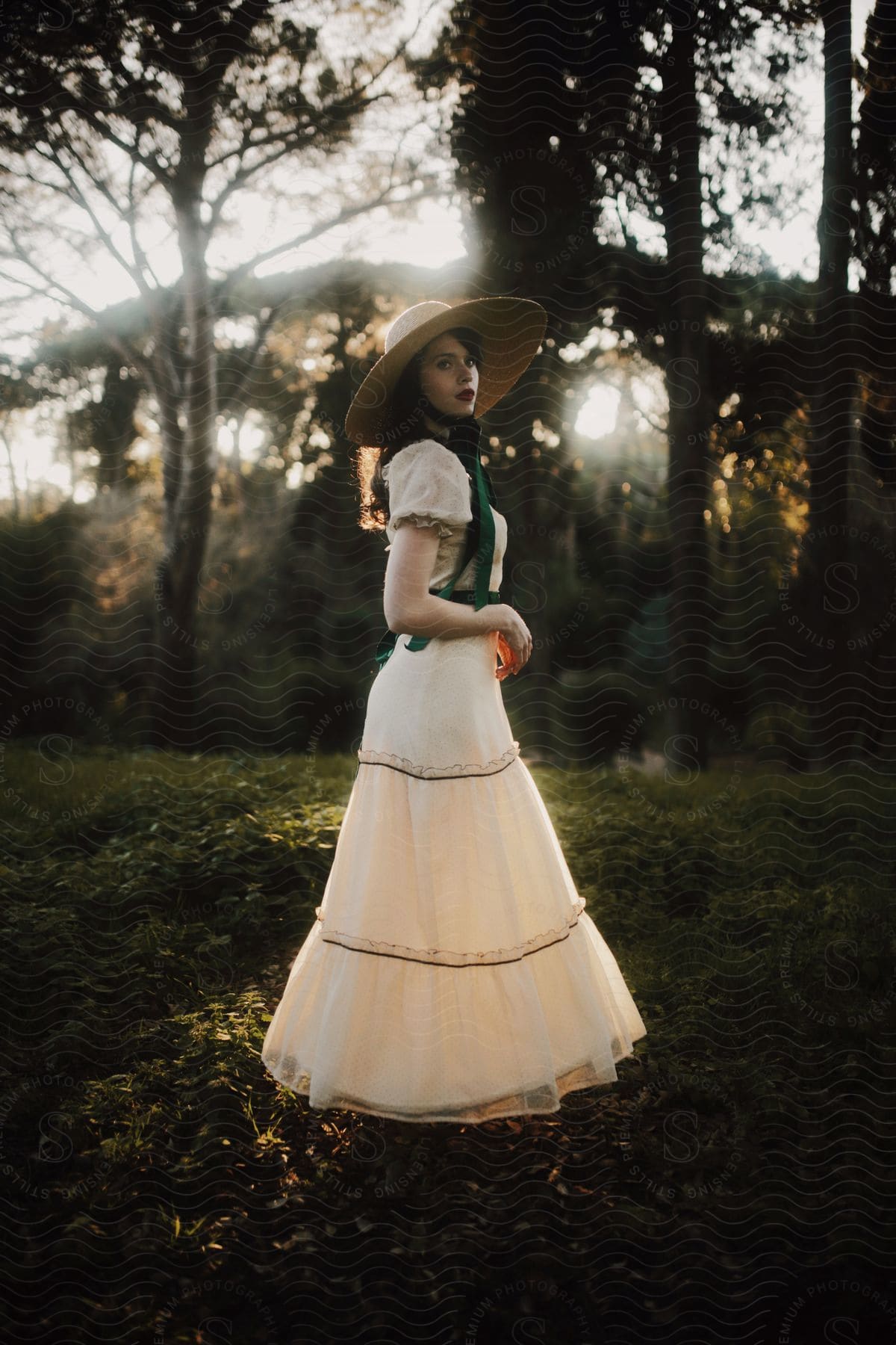 Model wearing a sun hat and a long white dress in nature with trees around