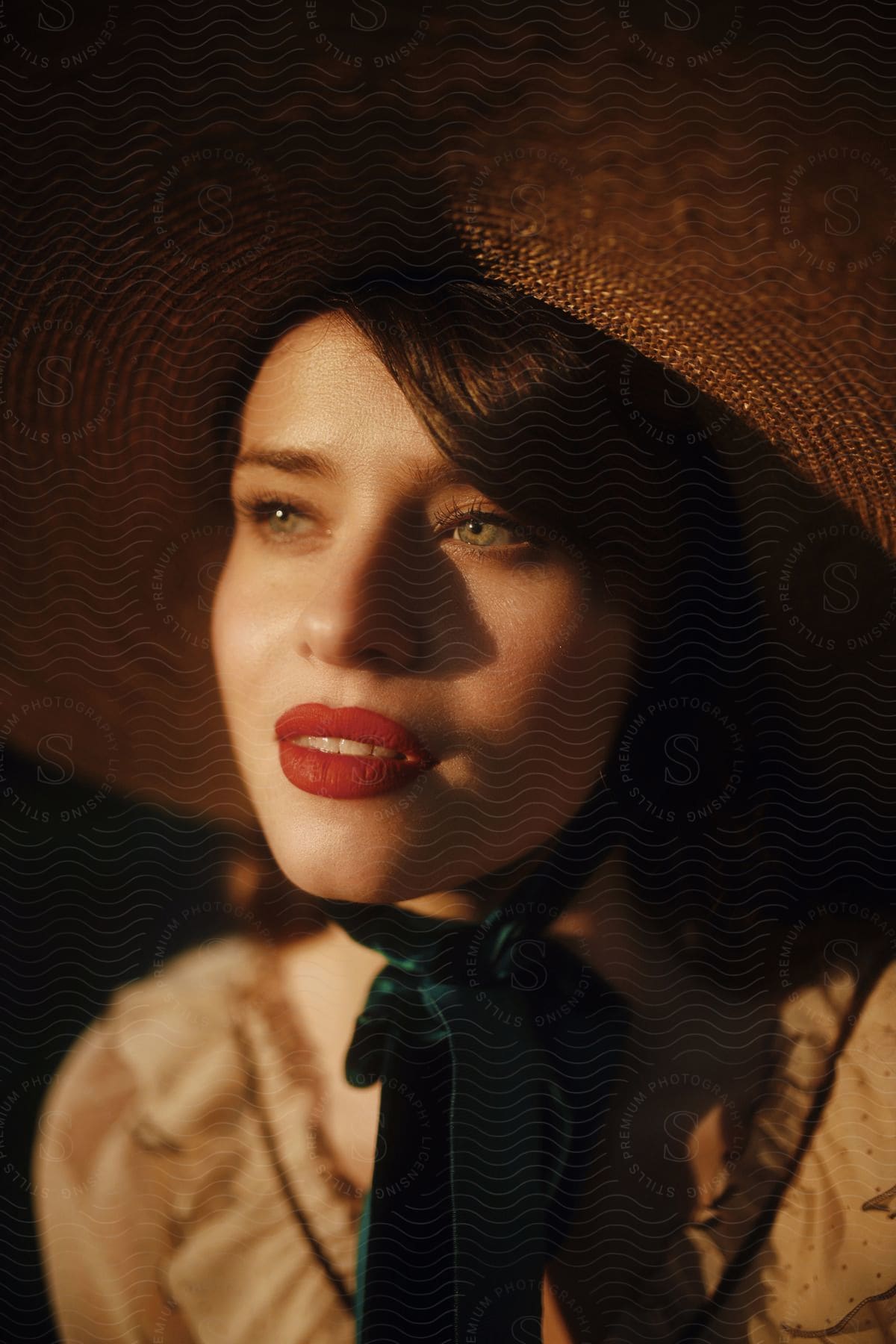 Portrait of a young woman with light eyes wearing a sun hat and a green scarf around her neck.