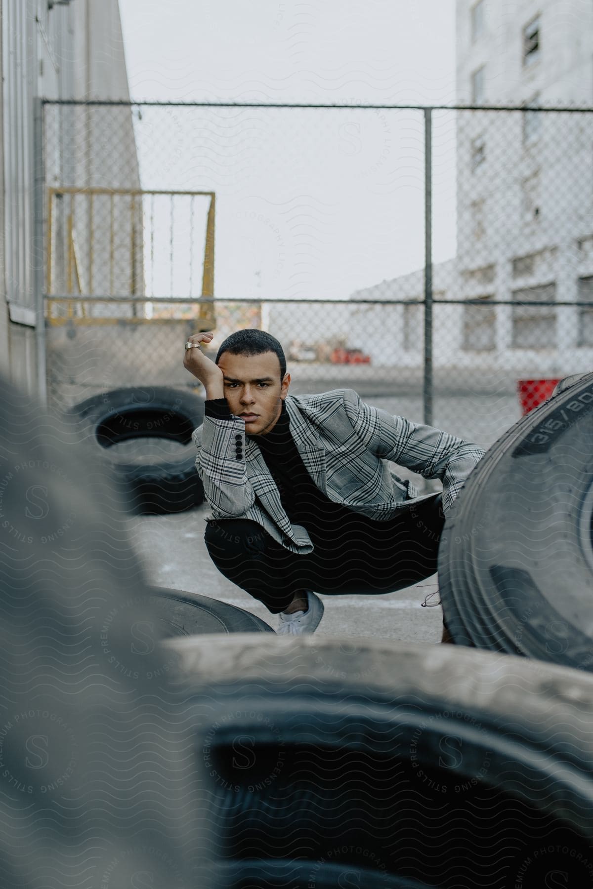 a man wearing a blazer jacket bends down and pose close to a tire and wire fence