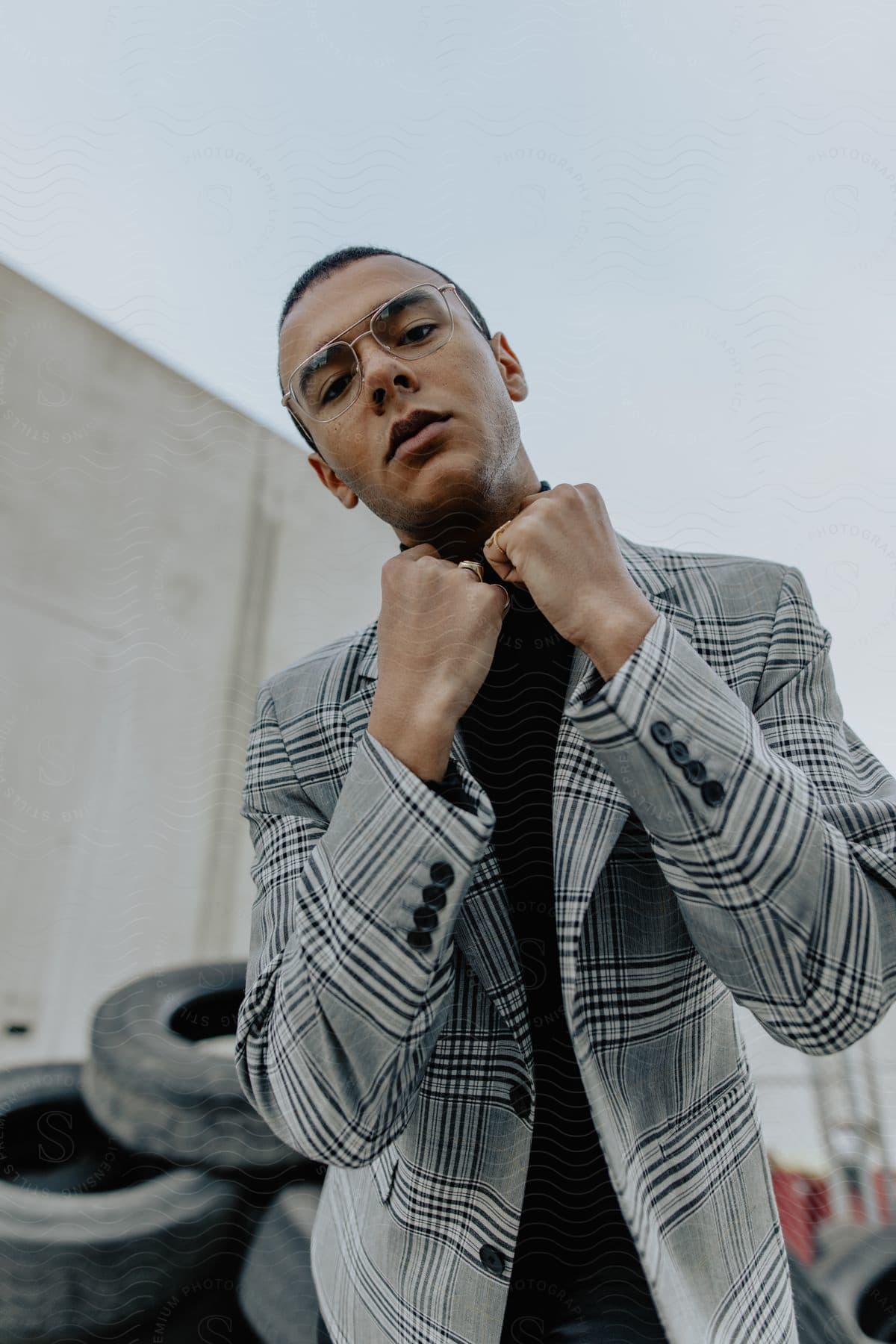 A man wearing a black and white plaid blazer holds up his fists