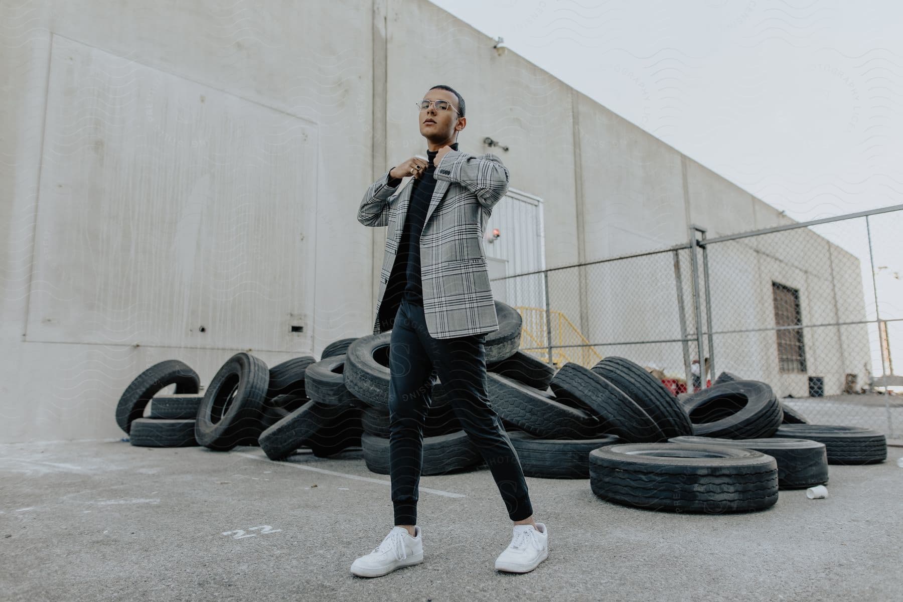 A man is standing and holding the collar of his plaid jacket while posing and behind him there are several tires lying on the ground