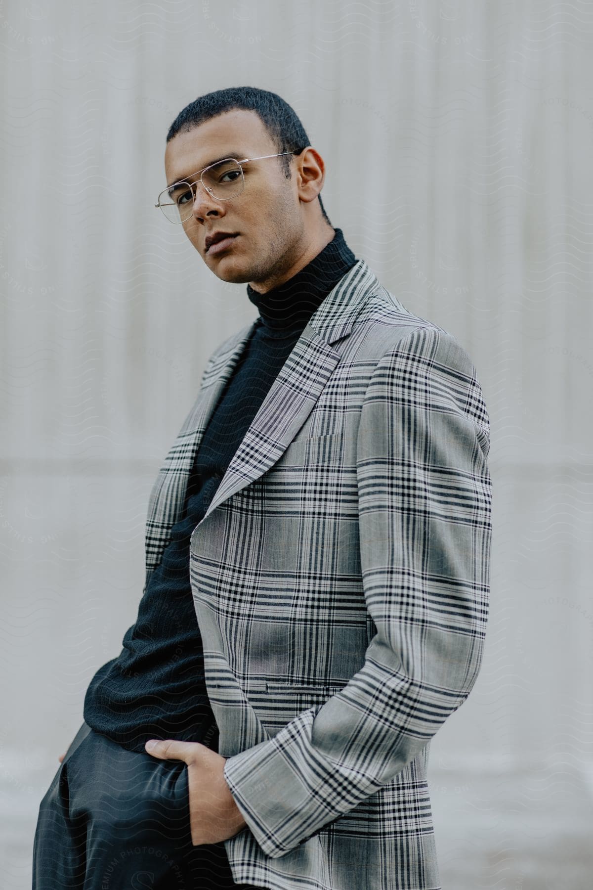 A man with short hair and reading glasses is wearing a plaid shirt while posing looking forward