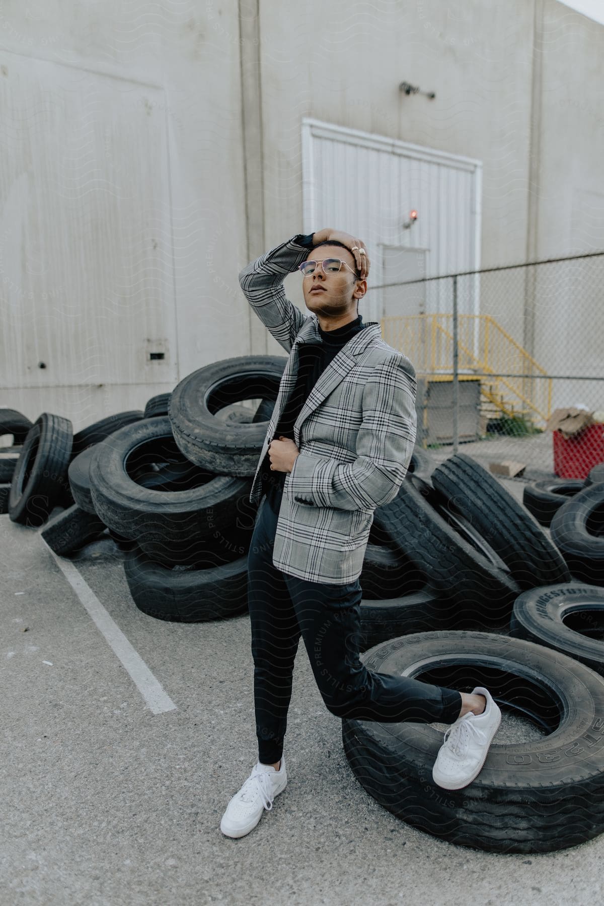 A man with his hand on his head is wearing a plaid jacket and is wearing white sneakers and one foot is on top of a tire that is lying on the ground behind him