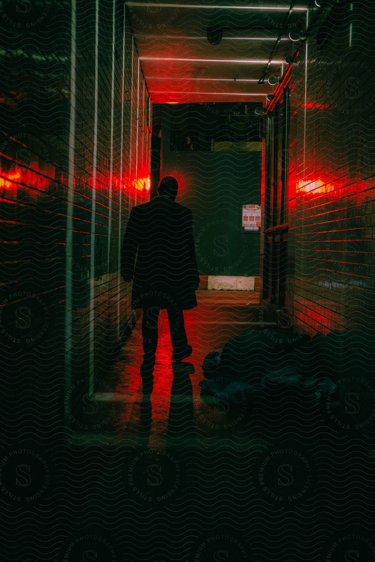 A dark hallway lit by red lights shows a man in a suit walking past trash.