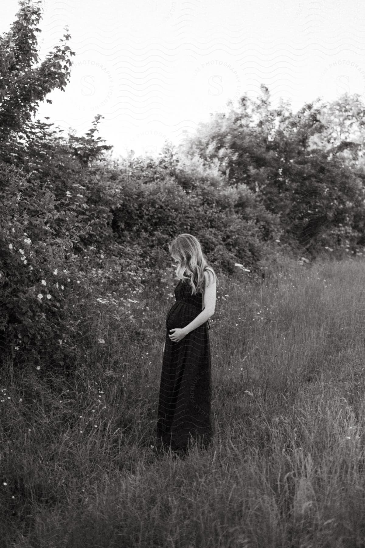 A pregnant woman in a black dress is holding her belly while looking down in a field with tall grass