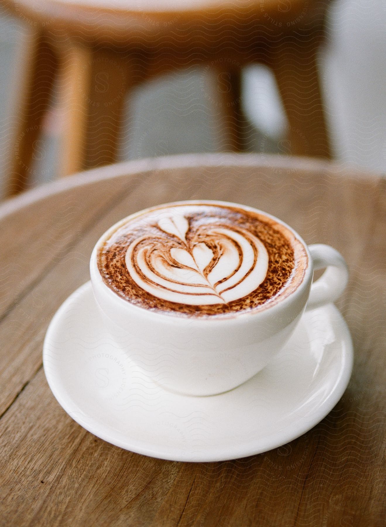 Cappuccino in a white cup on a saucer on a wooden table with a heart decoration