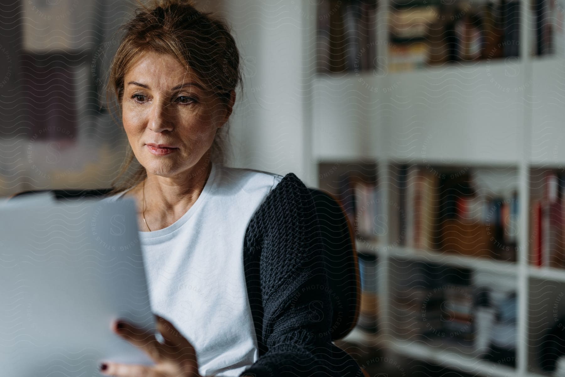 Portrait of a concentrated woman reading a document that is in her hands while indoors with a bookshelf in the blurred background.