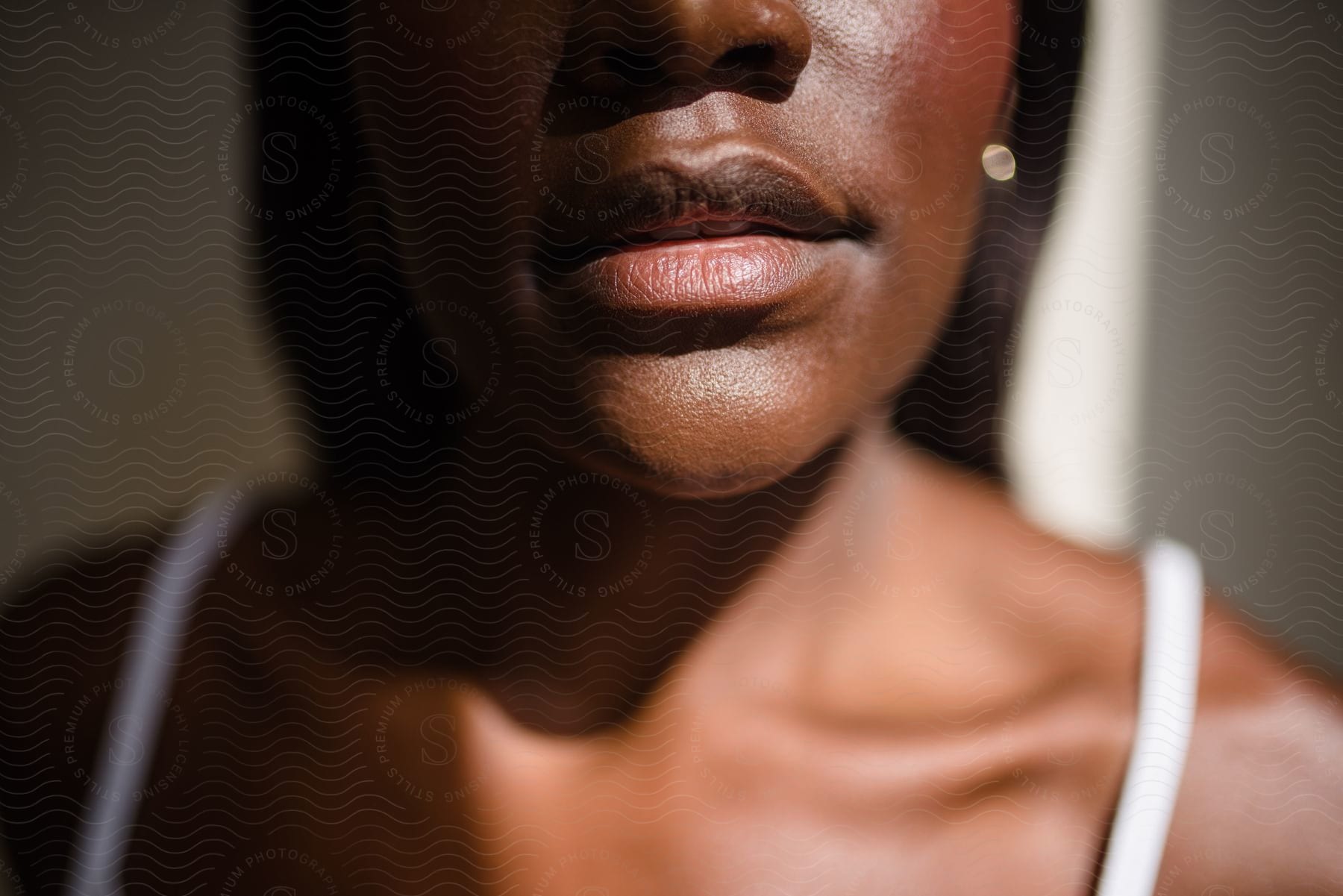 Close-up on the lower part of a woman's face and neck, with soft lighting, creating shadows and highlights and the background is blurred.