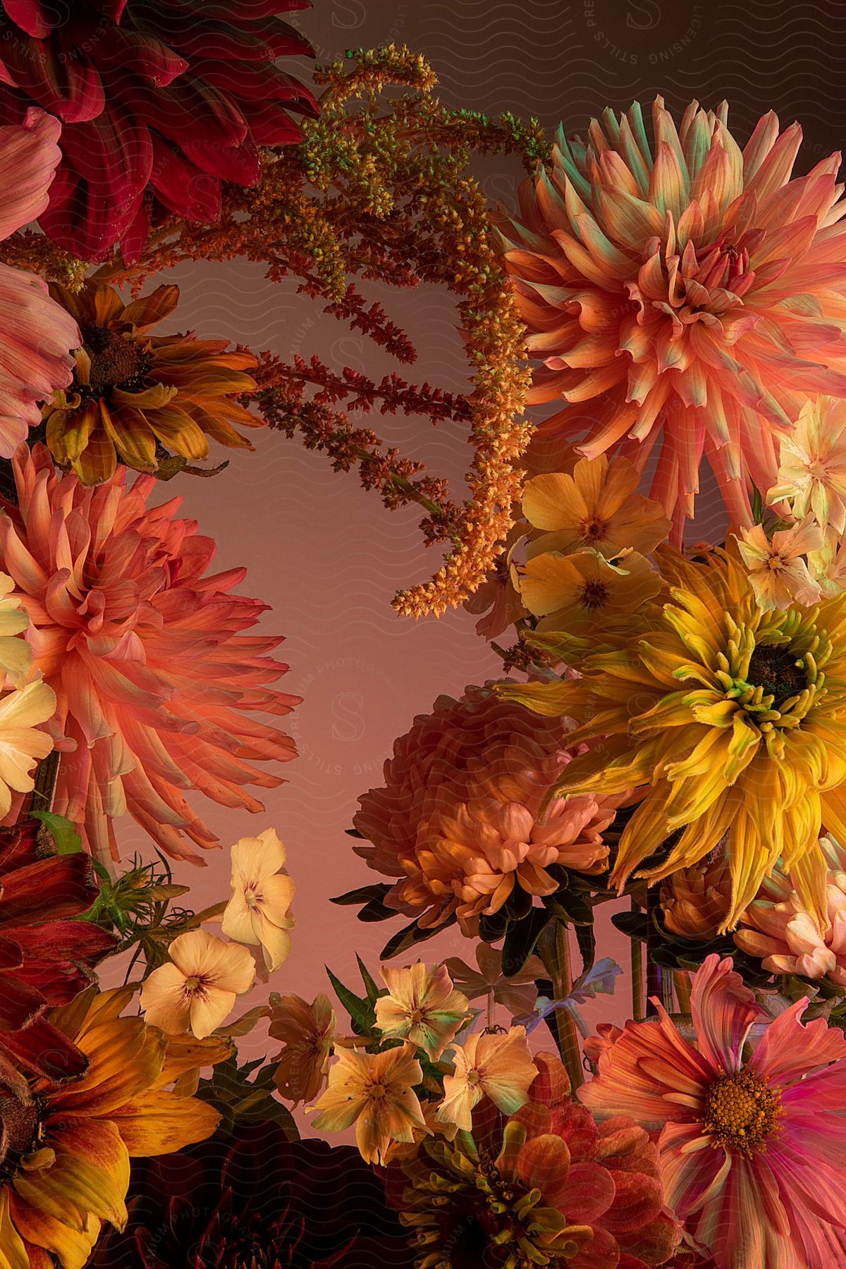 An arrangement of orange, pink and yellow flowers.