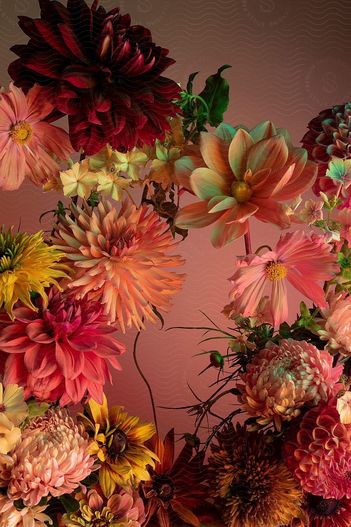 An array of vibrant, colorful flowers against a pink background.