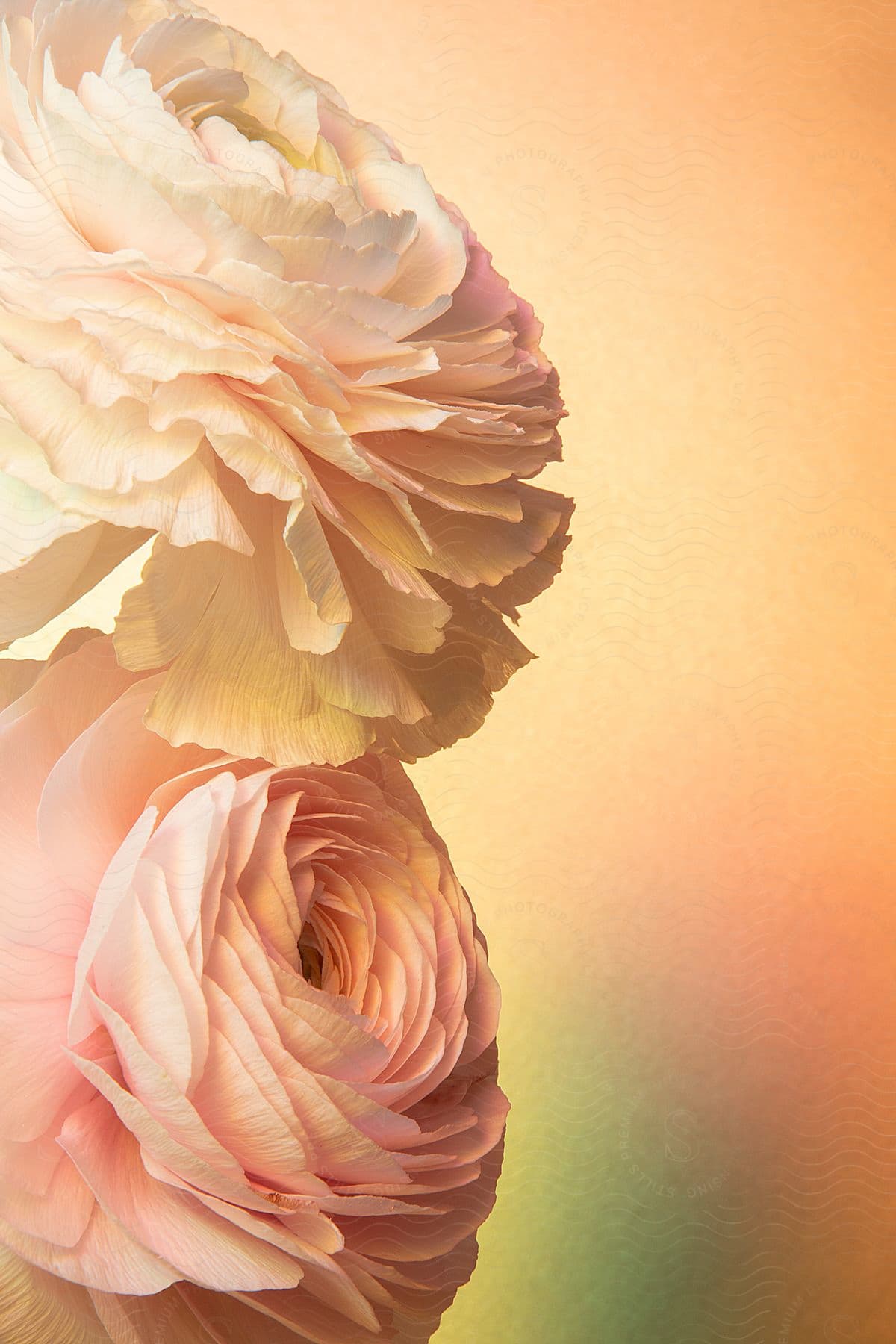 Two flowers of white and pink tones with several layers of petals on a colorful background