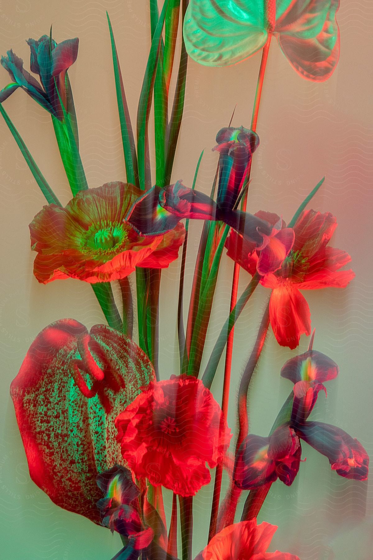 Close-up of flowers of different species with shades of vivid colors on a blurred background