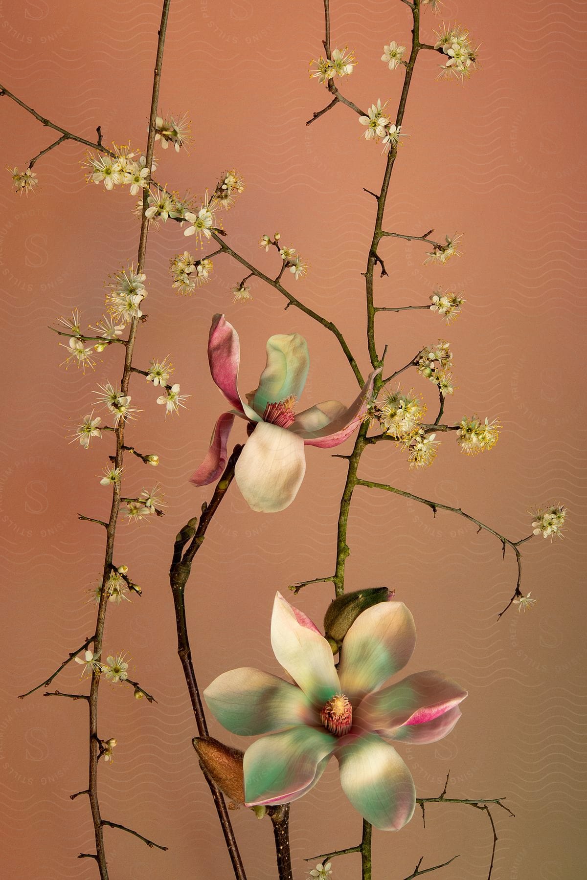 Bright flowers in green, yellow, and pink bloom against a soft orange background.