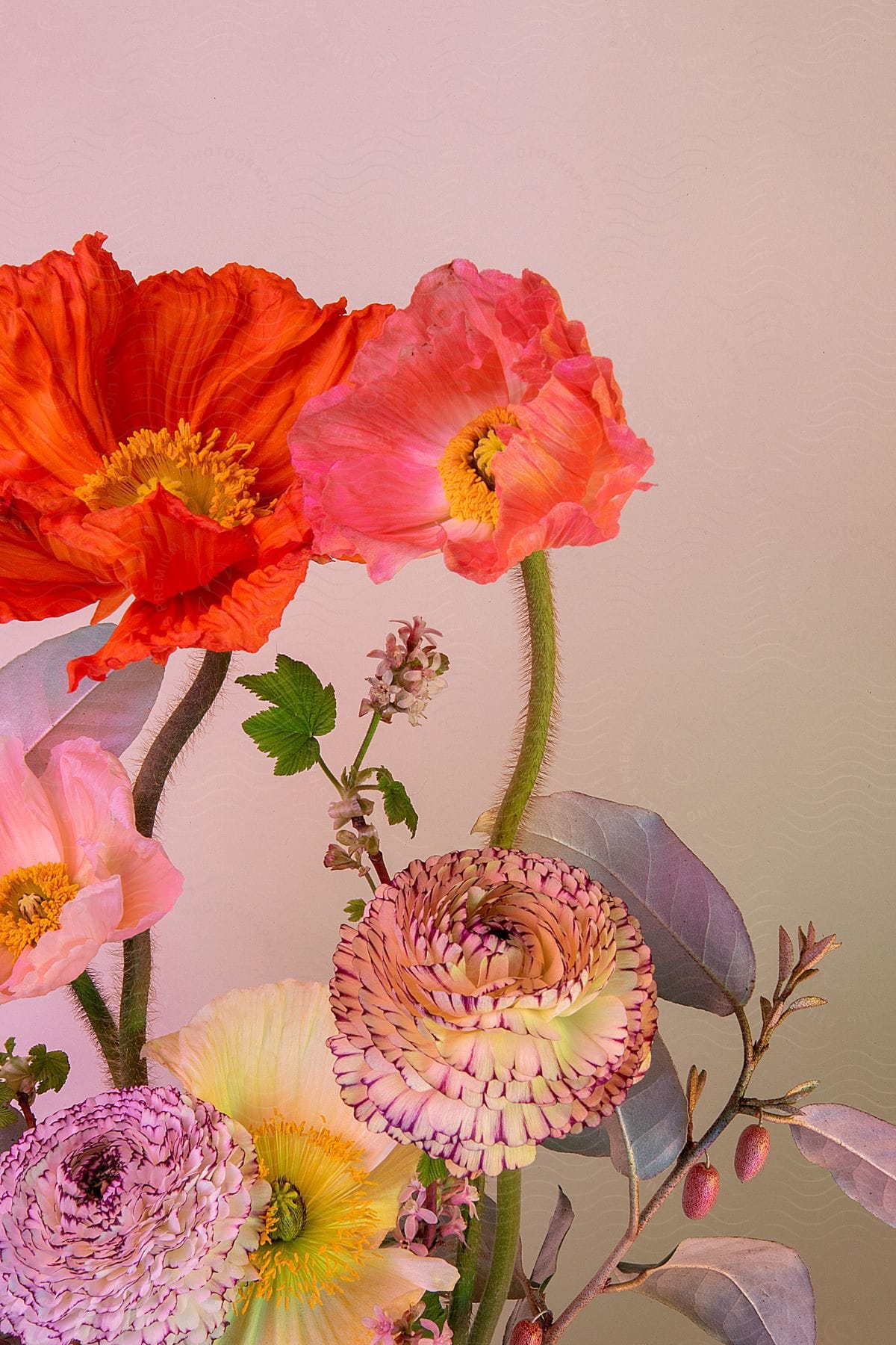 The petals of flowers spread in a colorful flower arrangement