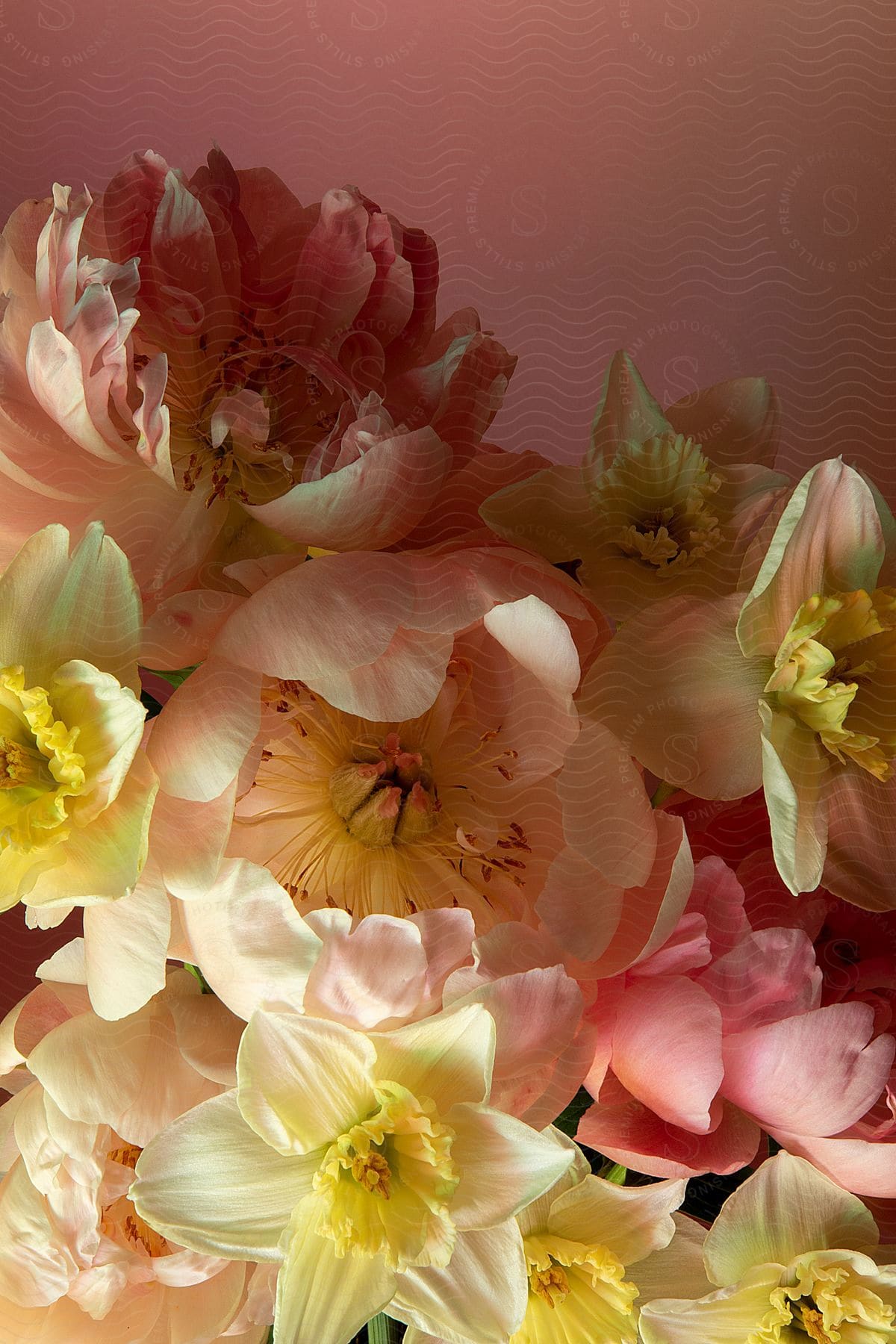 A bouquet of flowers including large pink peonies and small daffodils with yellow centers, against a soft pink background.