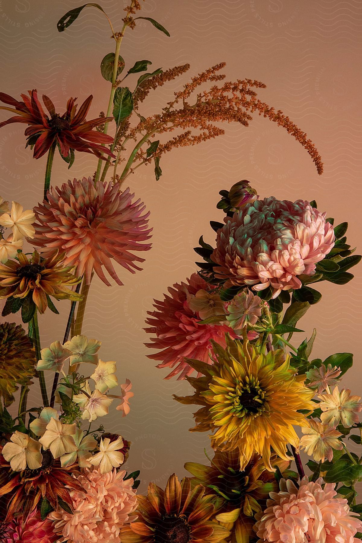 A variety of colorful flowers including dahlias and sunflowers and other flowers against a neutral background.