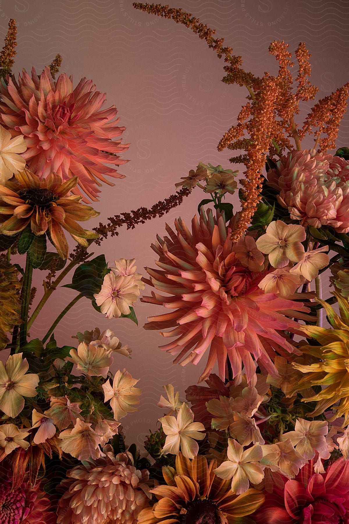 Various flowers in red tones and with many petals on a pink background