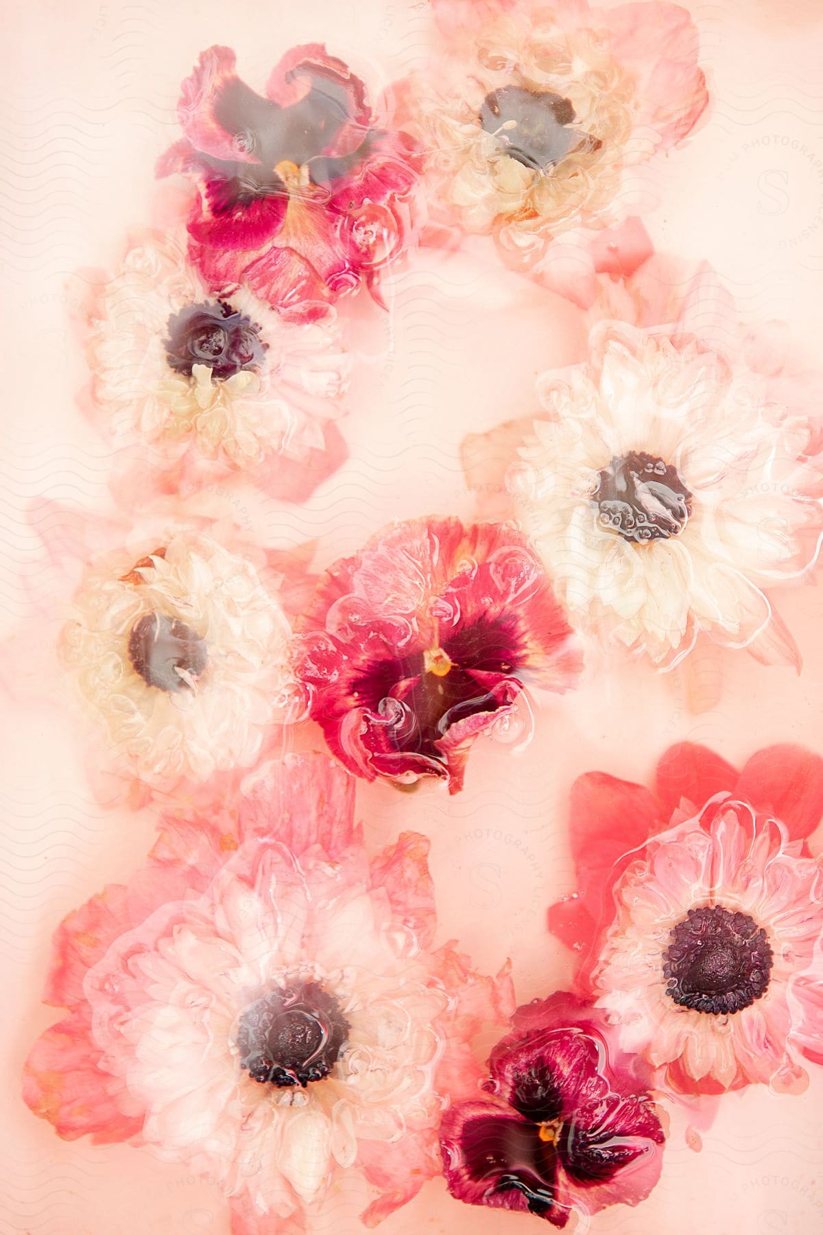 Still life of wet flowers and petals in water on a light pink background