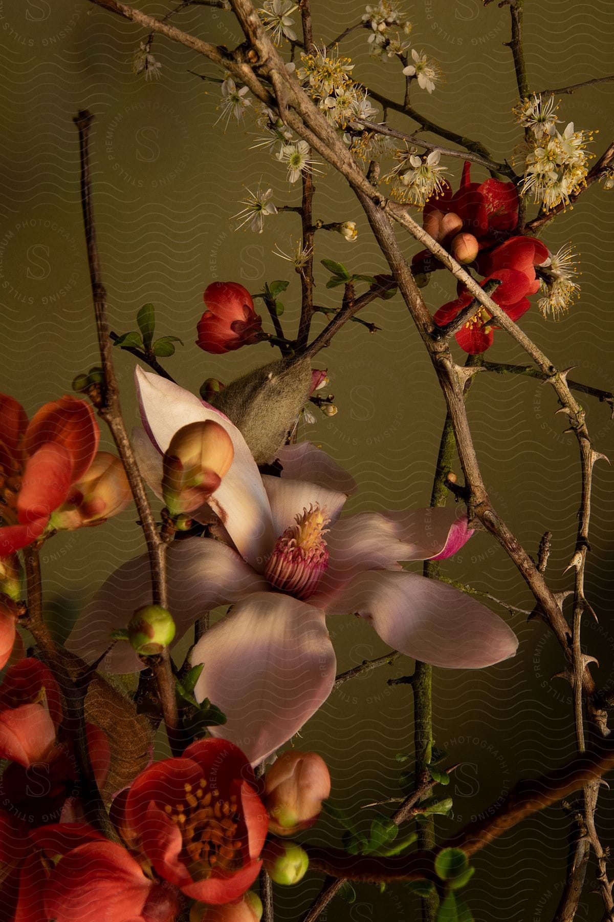 Close-up on flowers with thorny branches and buds