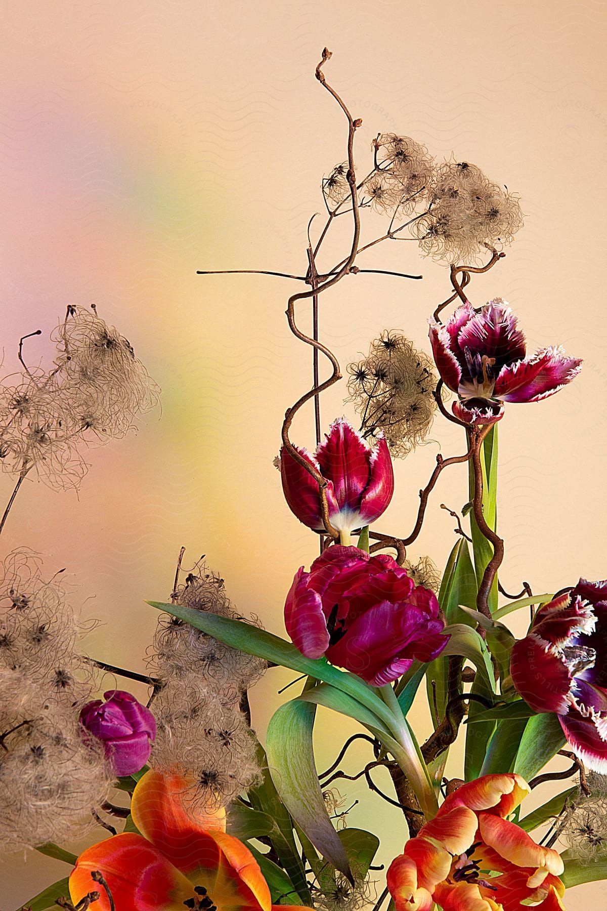 An arrangement of pink and orange flowers.