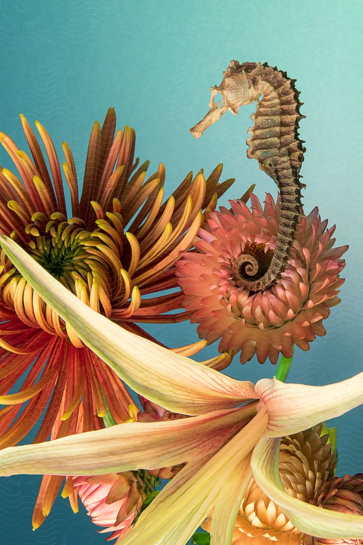 Flowers arranged with a seahorse shell as they spread their petals