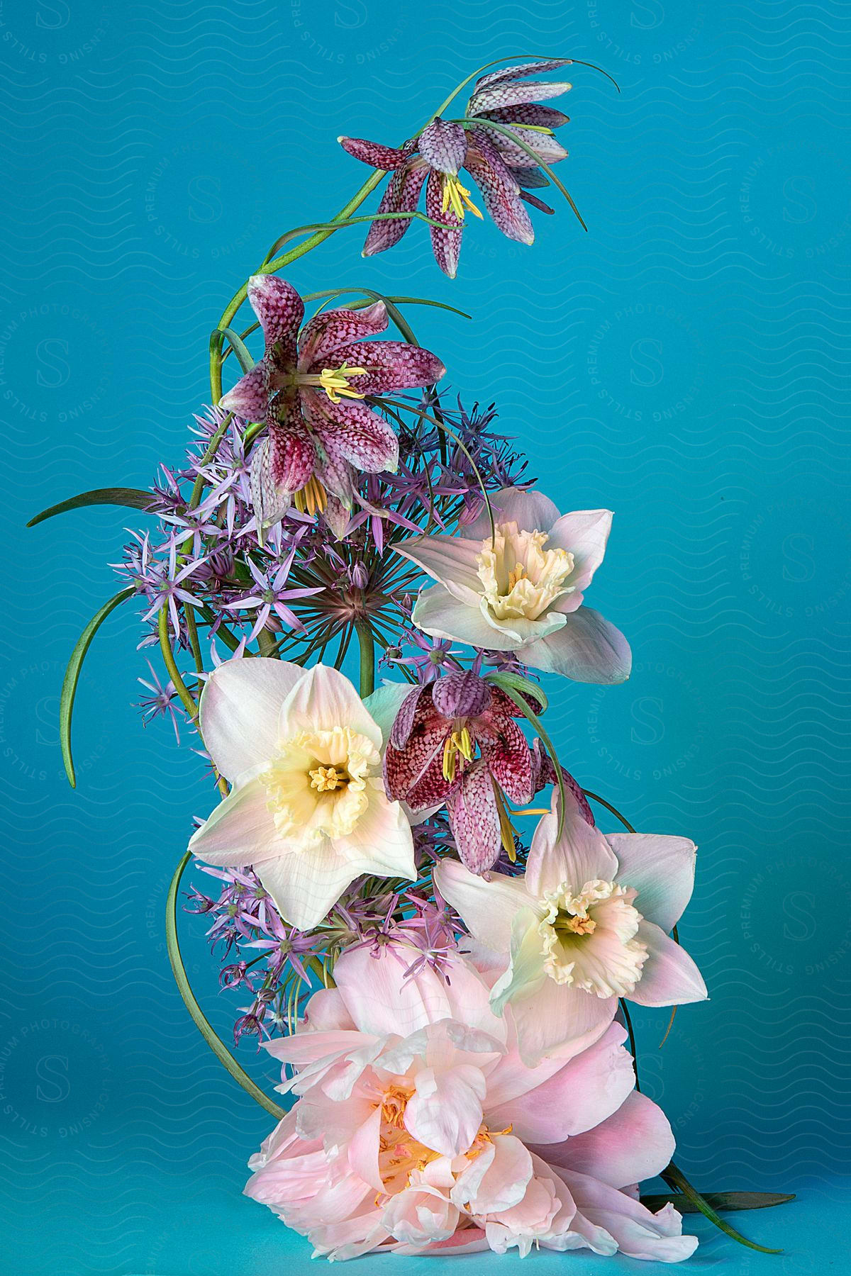 A vibrant bouquet of colorful flowers sits in a clear vase on a light blue background.