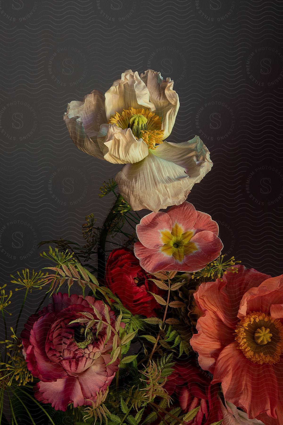 Arrangement of flowers of different species and colors on a blurred background