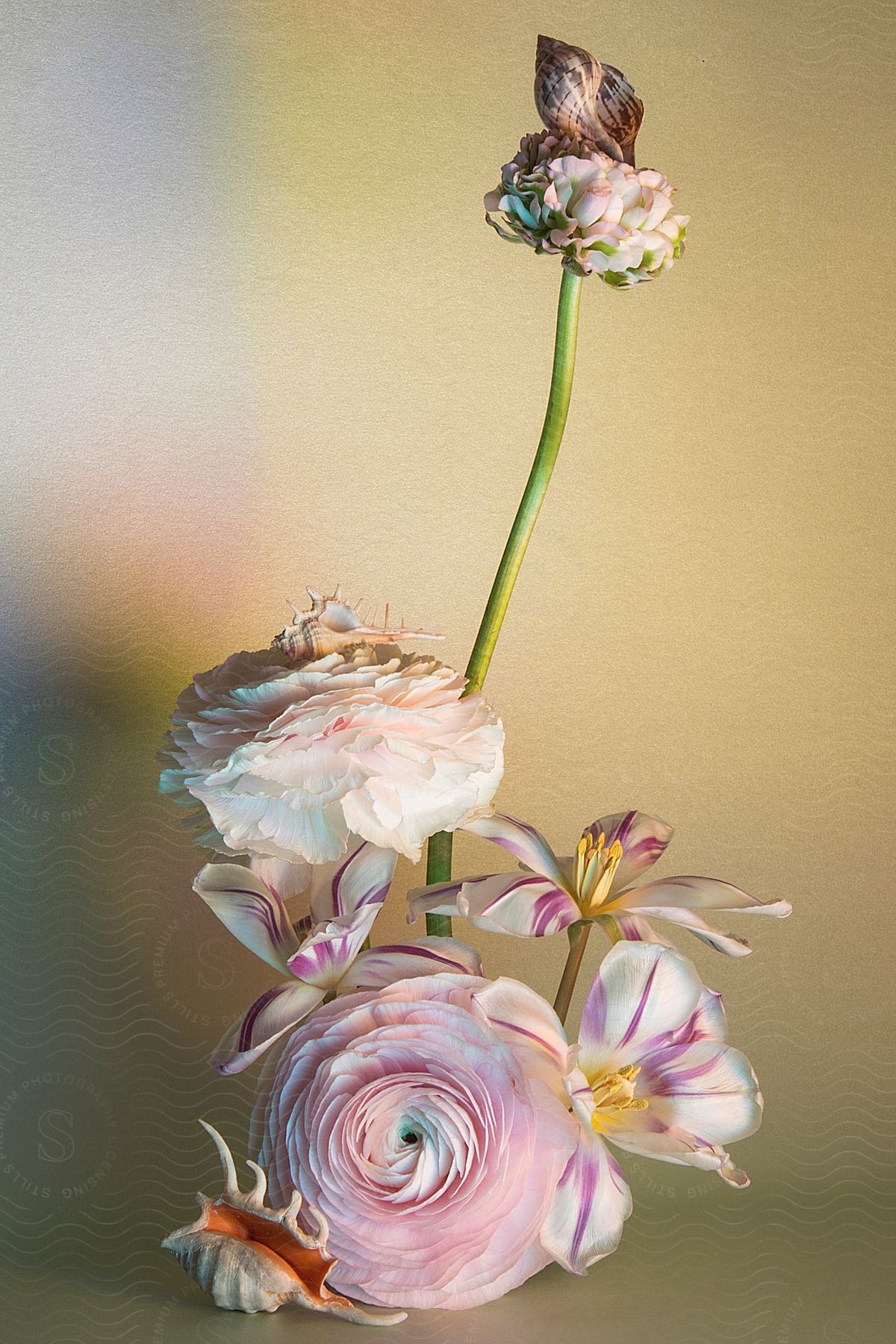 flowers growing with a long green stem and a snail on top of it