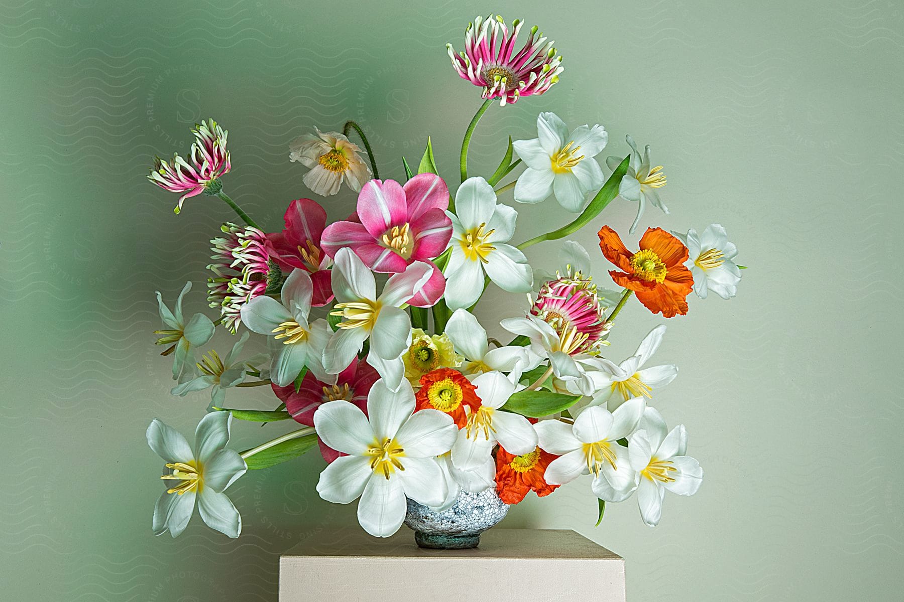 A view of a flower arrangement sitting on a table.