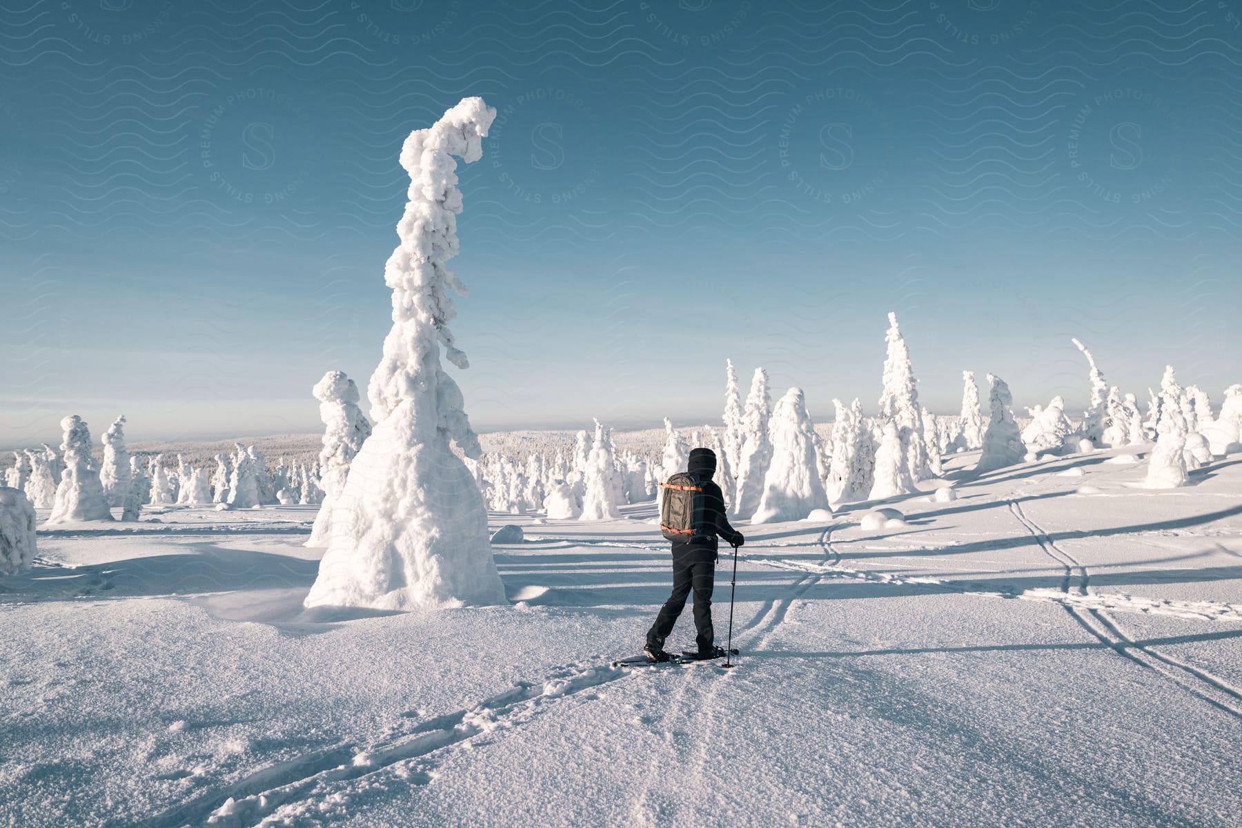 A person hiking in a snow and ice covered area.