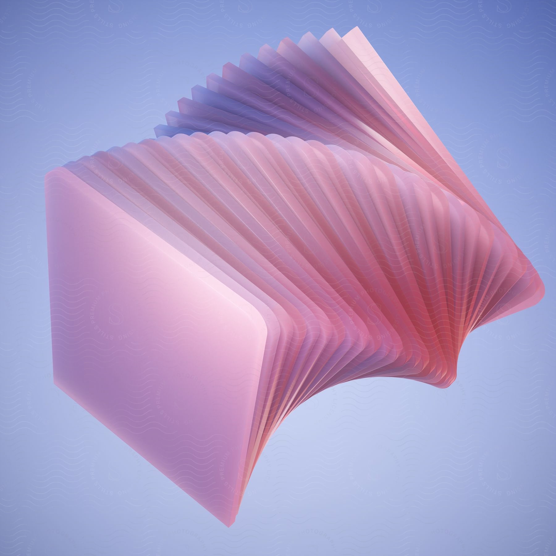 Abstract twisted geometric shape with pink hues on a blue background.