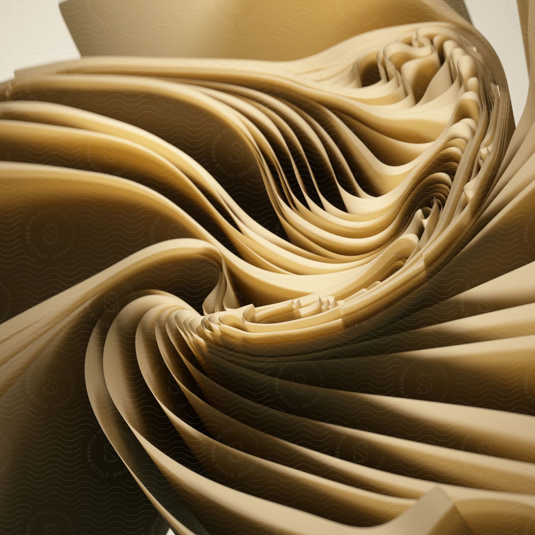 Folded and intertwined layers, creating a dynamic, fluid and abstract movement effect with a golden color.