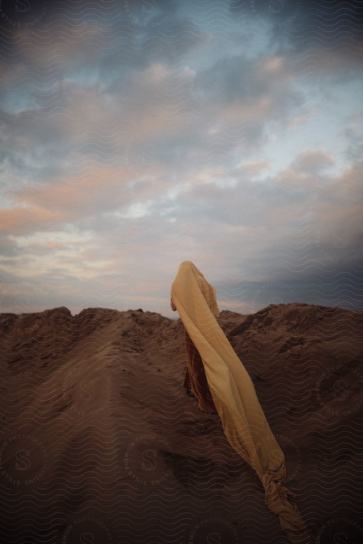 Woman from the back in a brown suede dress and a long burnt yellow veil crawling along the ground on a desert dune.