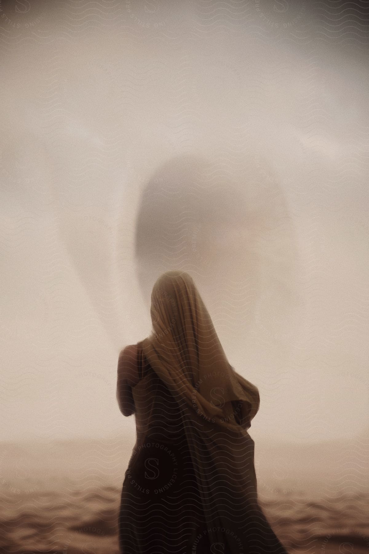 A person is facing away from them and wearing a long brown dress and looking forward in an environment with sand on the ground and a lot of fog