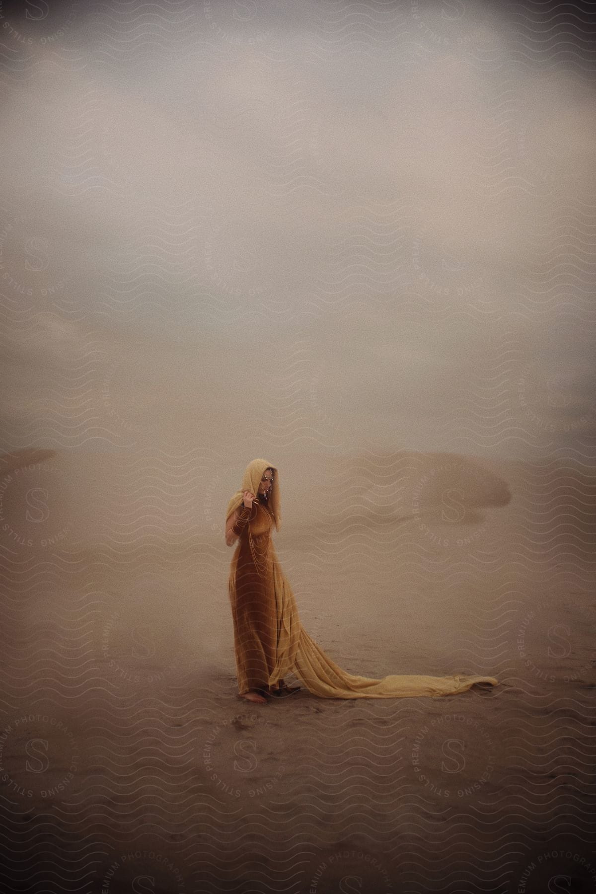 Woman with her head covered wearing a long gown is standing in the desert under a cloudy hazy sky