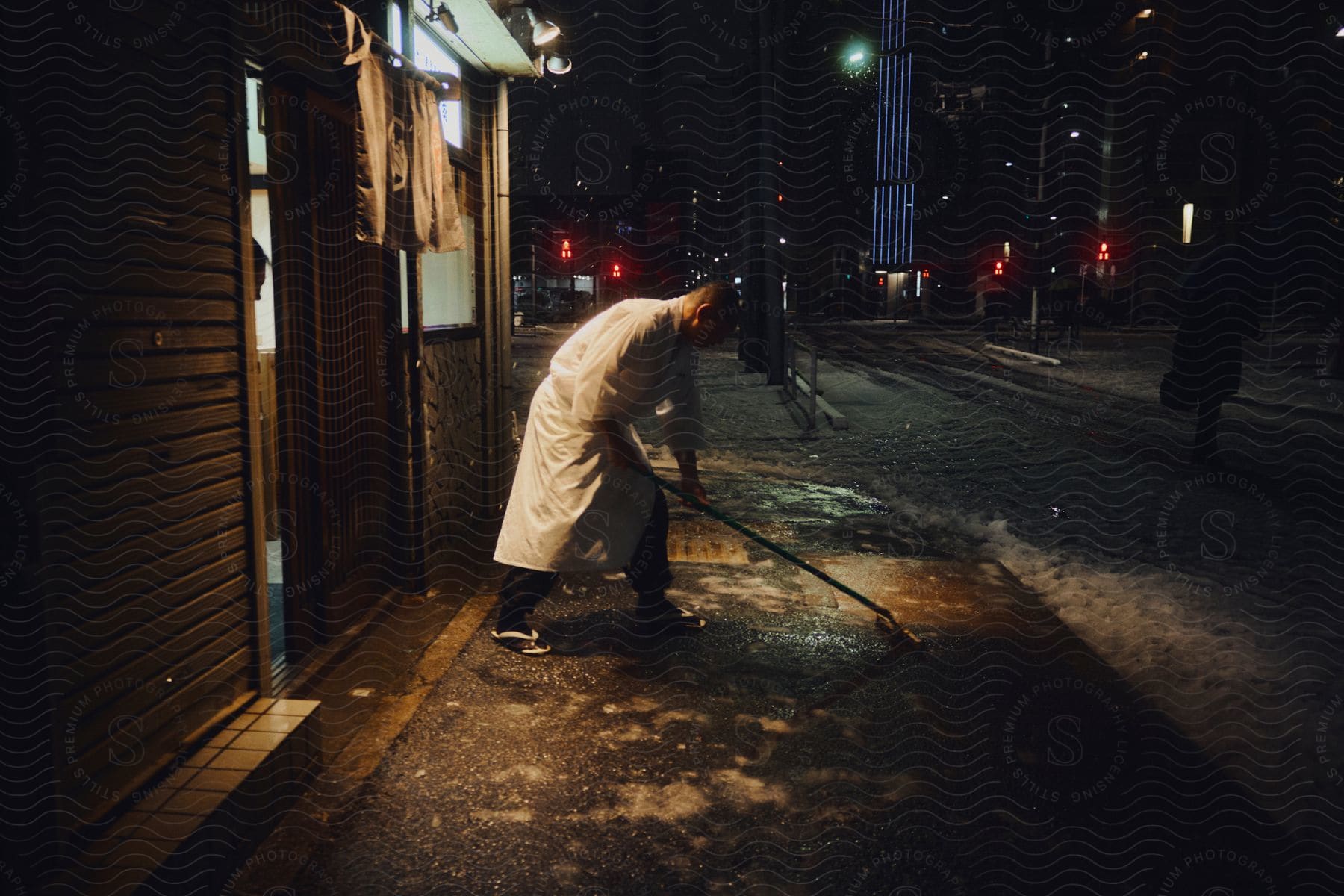 A man sweeping the sidewalk outdoors