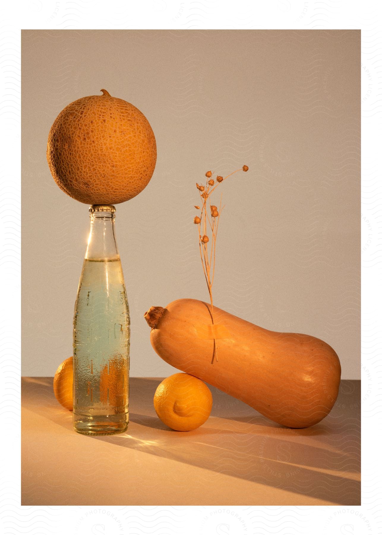 an image of fruit and a full soda bottle, an orange balanced on top of the bottle.