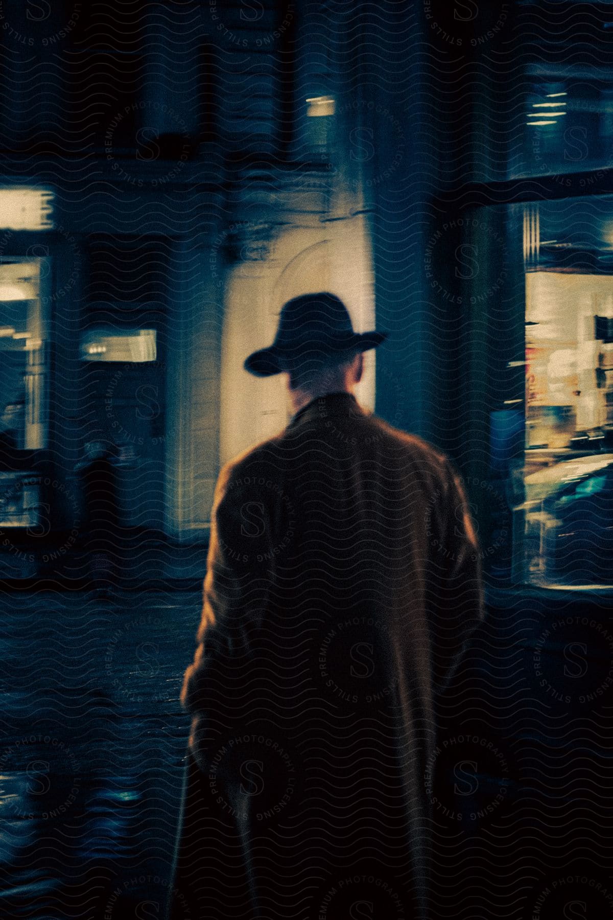 Man wearing a hat and long coat walks across a downtown street in the rain