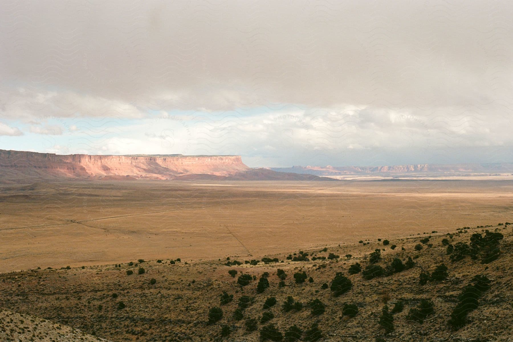Natural landscape with dry soil and canyons on the horizon on a blue sky day with clouds.