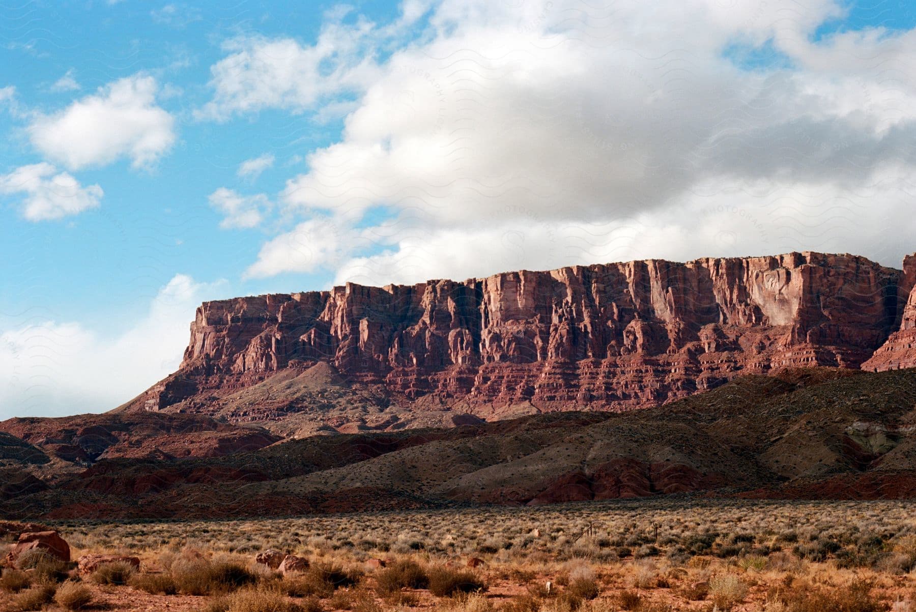 Landscape of geological canyons in a place of dry vegetation on a blue sky day with clouds.