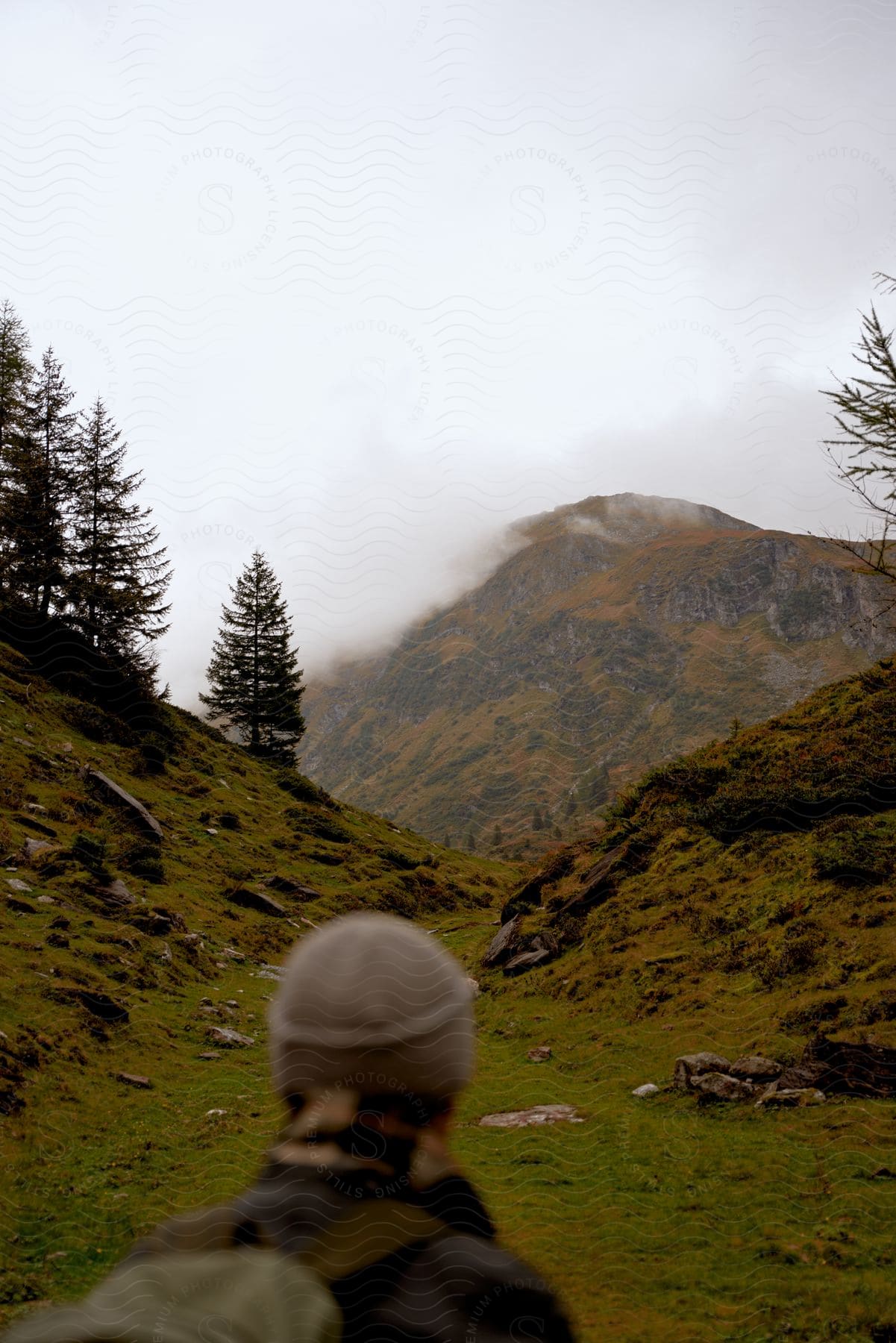 A hiker stands in a narrow valley between two hills on a cloudy, autumn day.