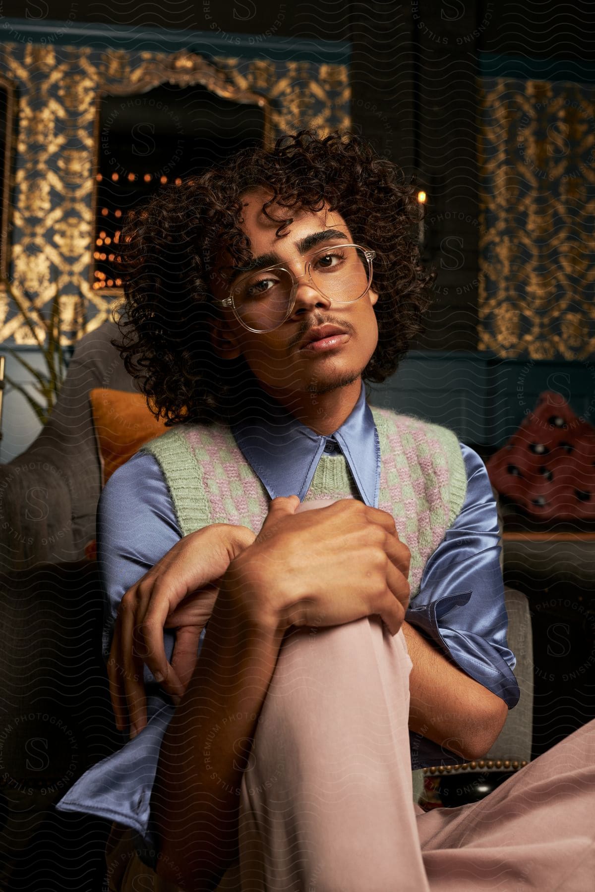 Young man with curly hair sitting and posing in formal wear and prescription glasses indoors.