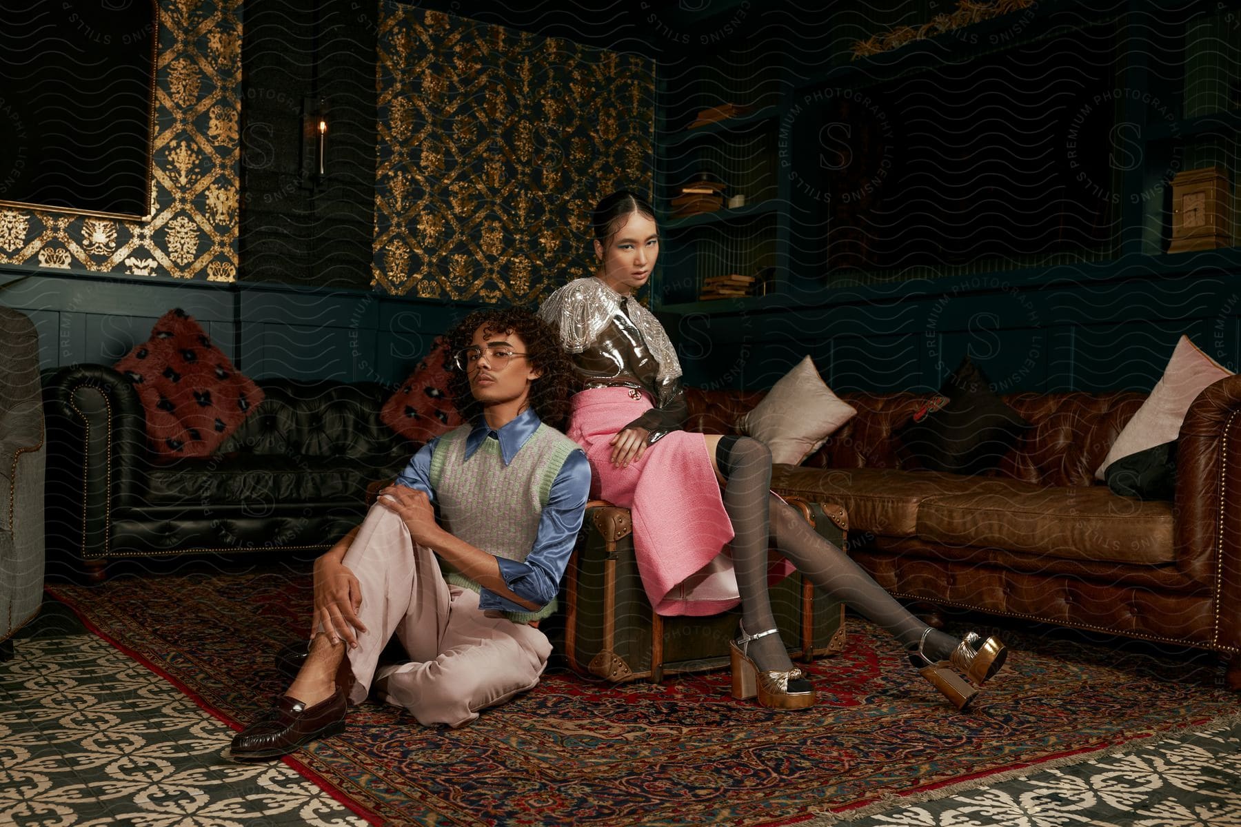A girl sits on a large trunk in the middle of a living room, while a boy sits beside the trunk.
