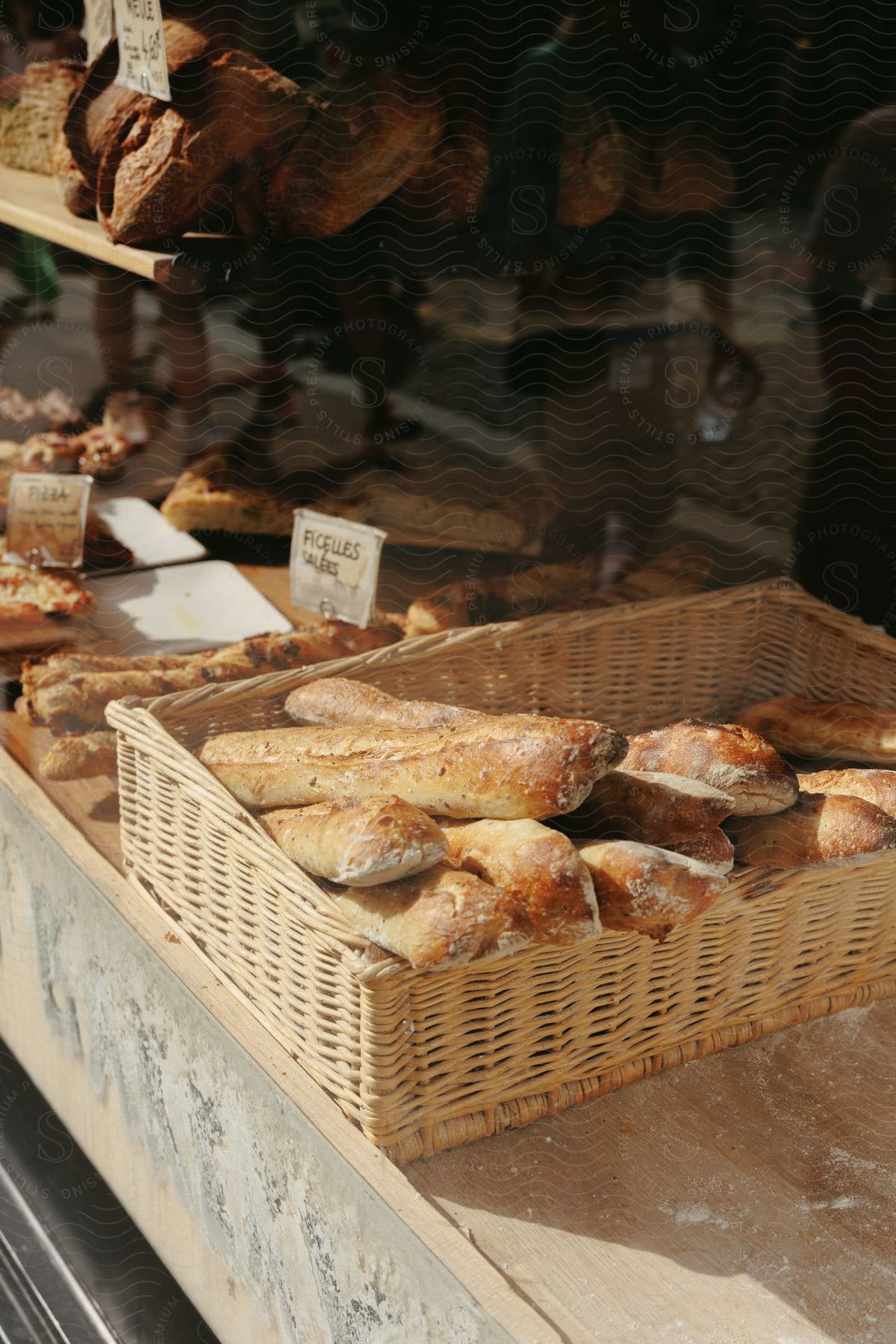 Baskets with sweet and savory breads in a bakery