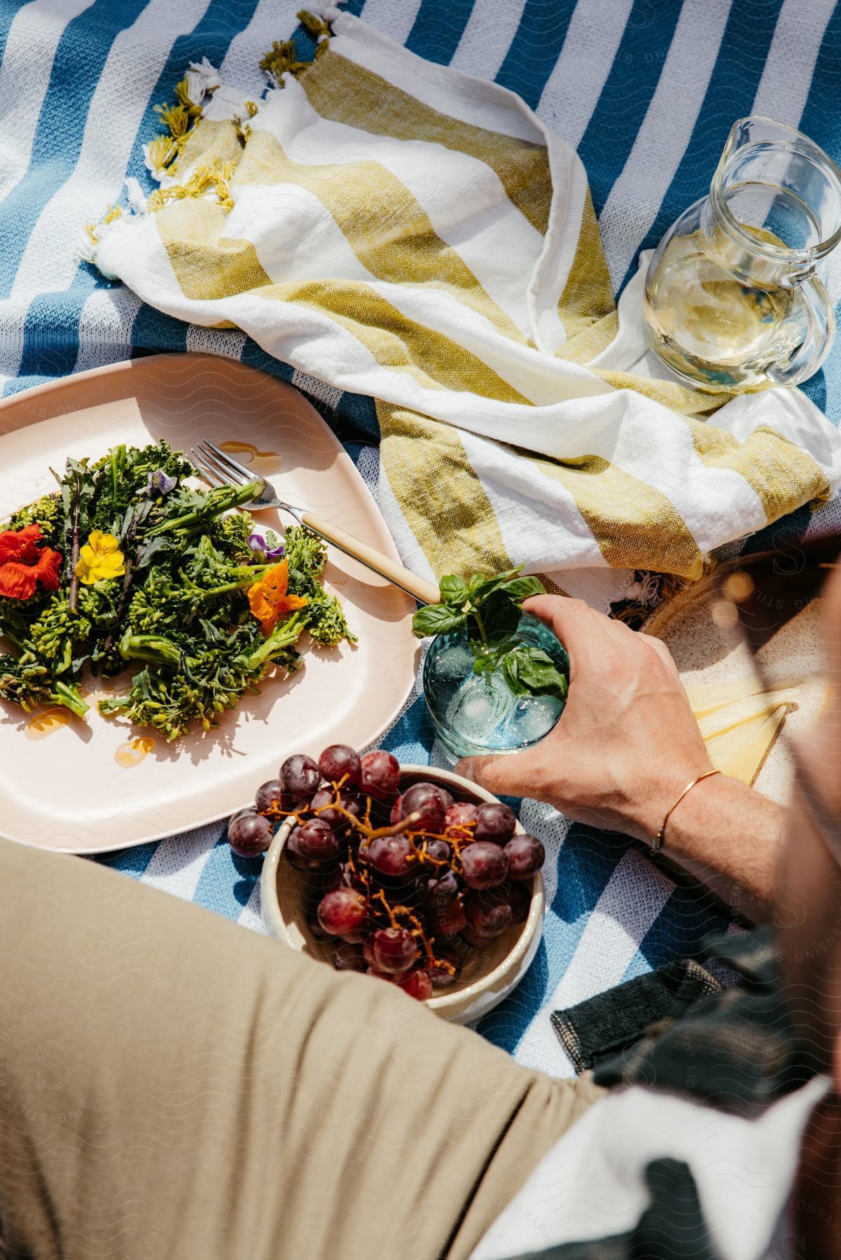 Arm of a man sitting on the floor on a towel with a plate of vegetables and a bowl with purple grapes.