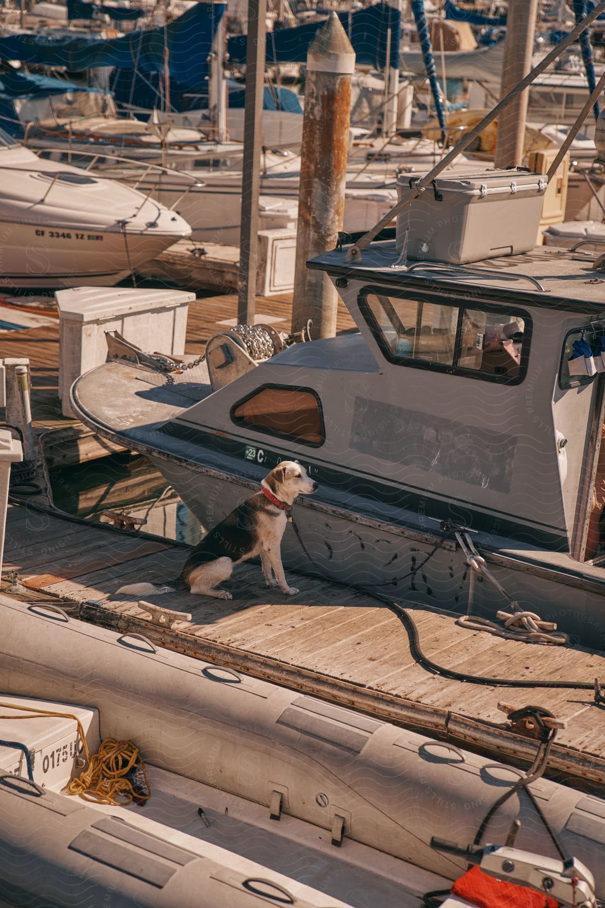 A black and white dog sits on a wooden pier and is tied to a boat that is parked